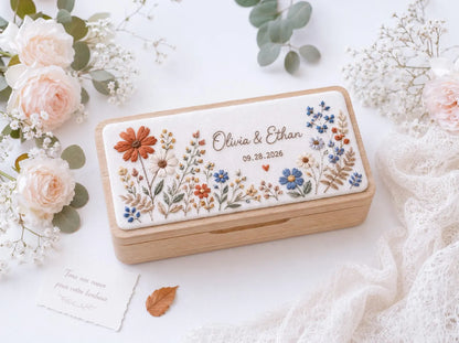 Personalized Mini Wooden Jewelry Box, Hand Embroidered Autumn Wildflower, Wheat and Berries, Custom Names and Date Wedding Keepsake Gift Box