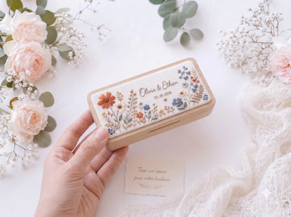 Personalized Mini Wooden Jewelry Box, Hand Embroidered Autumn Wildflower, Wheat and Berries, Custom Names and Date Wedding Keepsake Gift Box