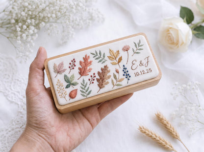 Personalized Mini Wooden Jewelry Box, Hand Embroidered Autumn Leaves and Berries Ring Box with Initials and Date, Wedding Gift Keepsake Box
