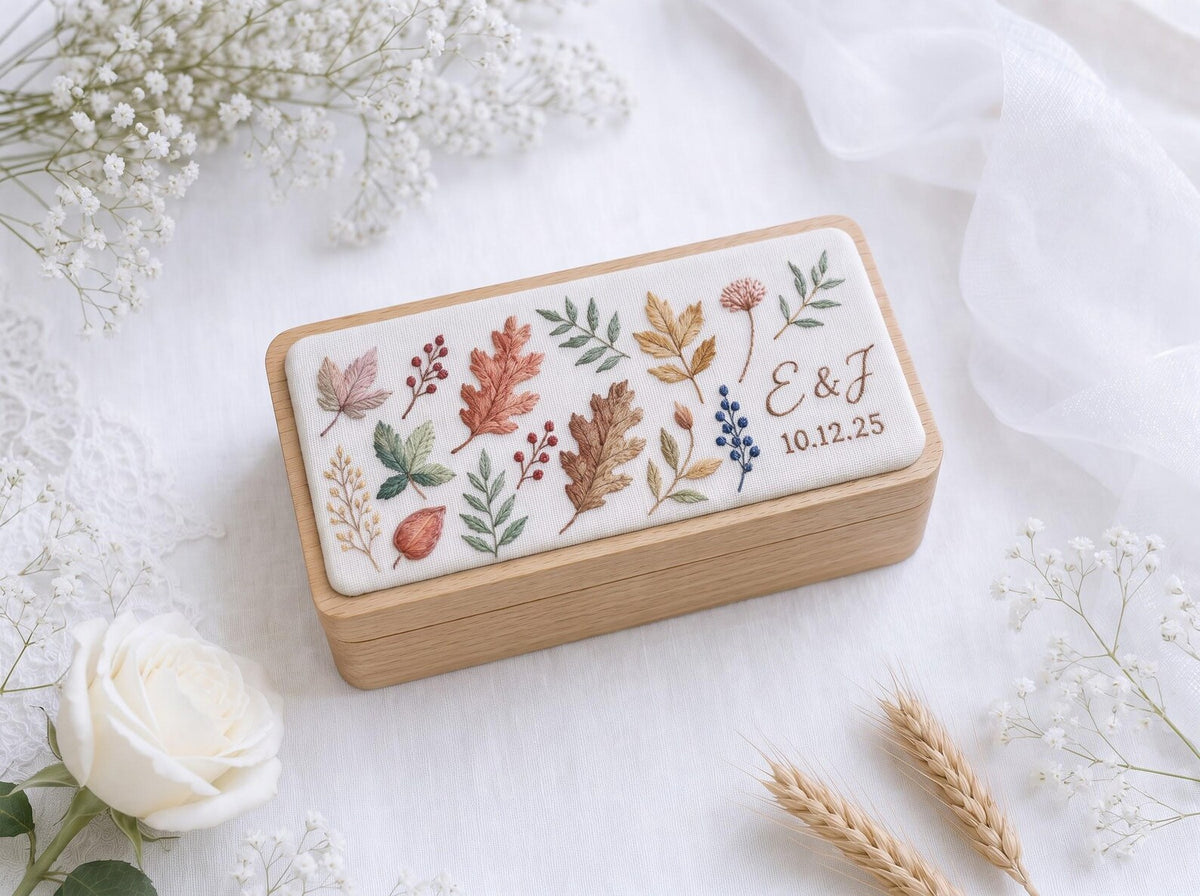 Personalized Mini Wooden Jewelry Box, Hand Embroidered Autumn Leaves and Berries Ring Box with Initials and Date, Wedding Gift Keepsake Box