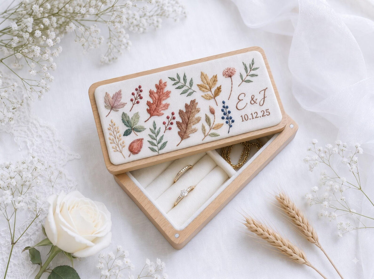 Personalized Mini Wooden Jewelry Box, Hand Embroidered Autumn Leaves and Berries Ring Box with Initials and Date, Wedding Gift Keepsake Box