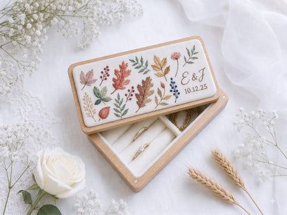 Personalized Mini Wooden Jewelry Box, Hand Embroidered Autumn Leaves and Berries Ring Box with Initials and Date, Wedding Gift Keepsake Box