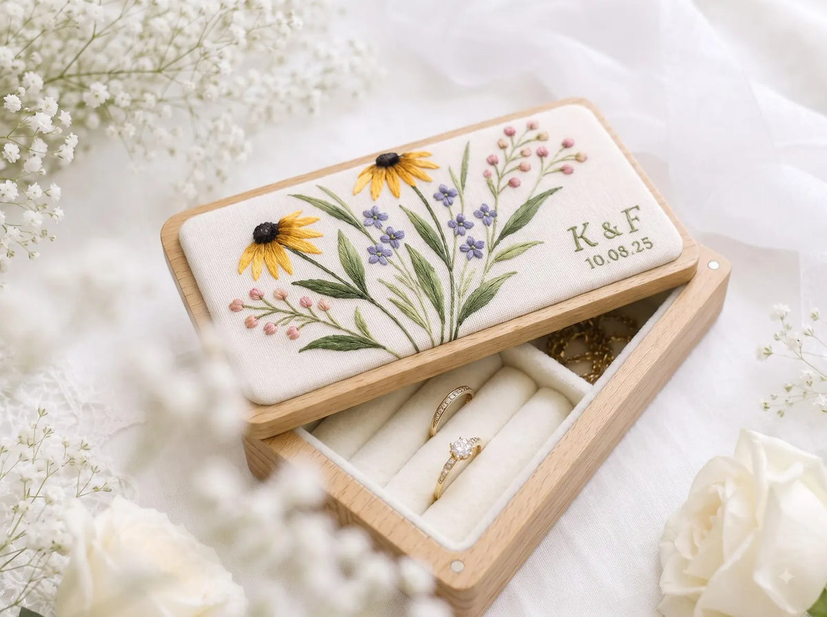 Personalized Mini Wood Jewelry Box, Hand Embroidered Black Eyed Susan, Forget Me Nots and Pink Baby's Breath, Initials and Date Wedding Gift