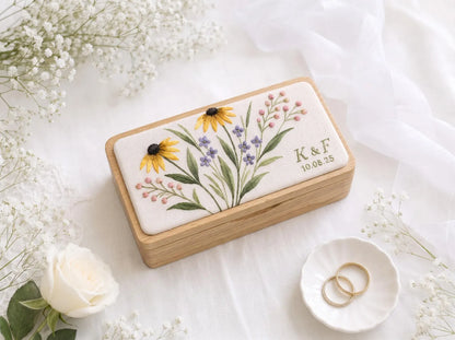 Personalized Mini Wood Jewelry Box, Hand Embroidered Black Eyed Susan, Forget Me Nots and Pink Baby's Breath, Initials and Date Wedding Gift