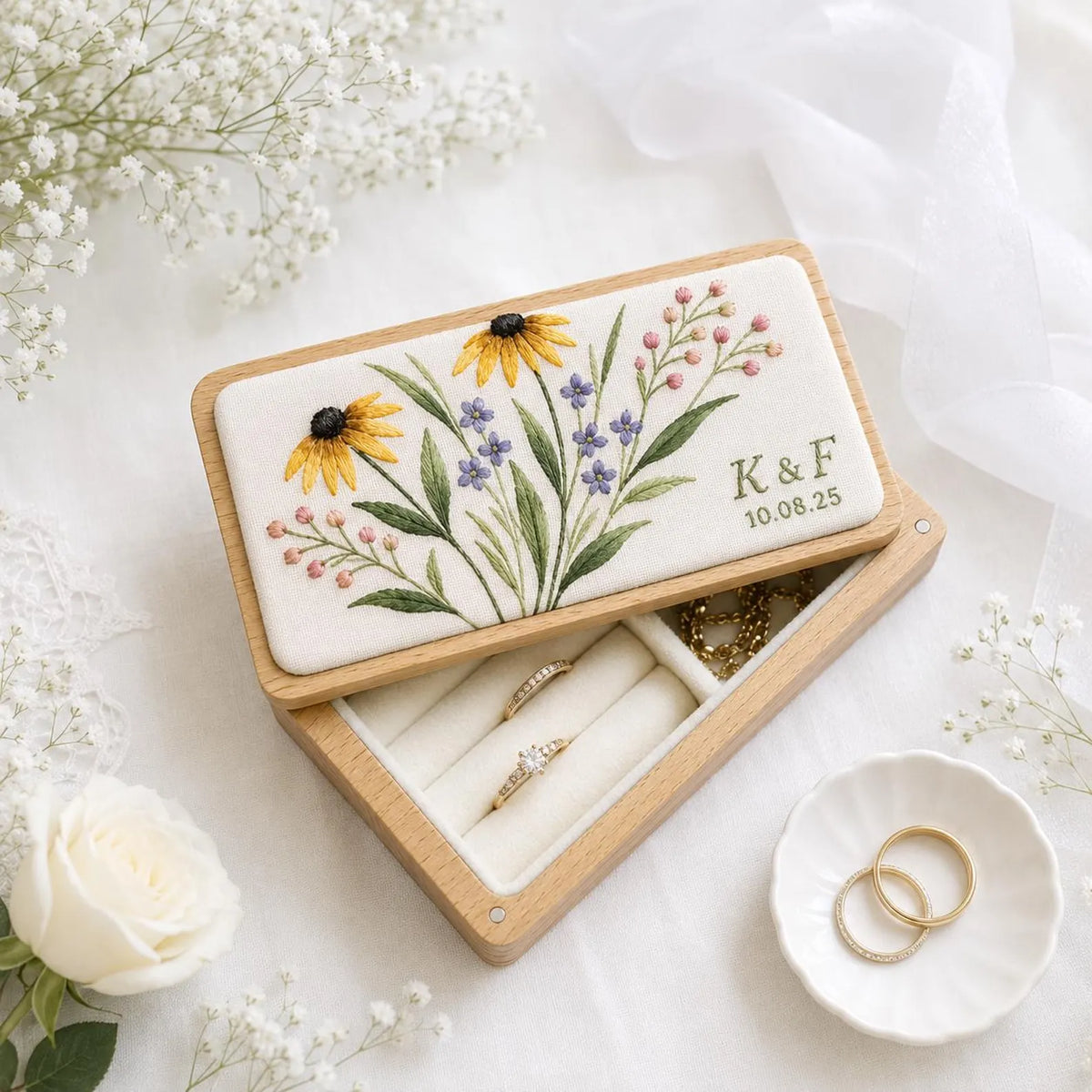Personalized Mini Wood Jewelry Box, Hand Embroidered Black Eyed Susan, Forget Me Nots and Pink Baby's Breath, Initials and Date Wedding Gift