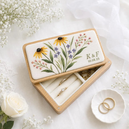 Personalized Mini Wood Jewelry Box, Hand Embroidered Black Eyed Susan, Forget Me Nots and Pink Baby's Breath, Initials and Date Wedding Gift