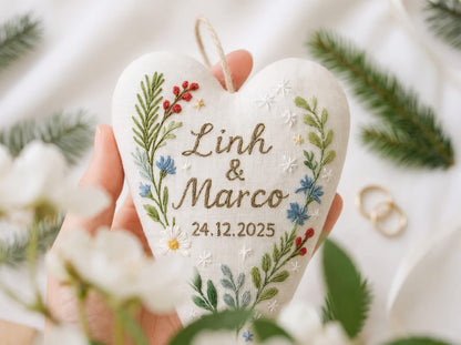 Personalized Wedding Heart Ornament – Hand Embroidered Linen Floral Ornament with Names & Date – Custom Wedding Christmas Gift Decoration
