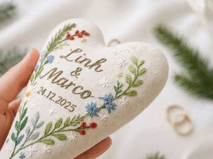 Personalized Wedding Heart Ornament – Hand Embroidered Linen Floral Ornament with Names & Date – Custom Wedding Christmas Gift Decoration
