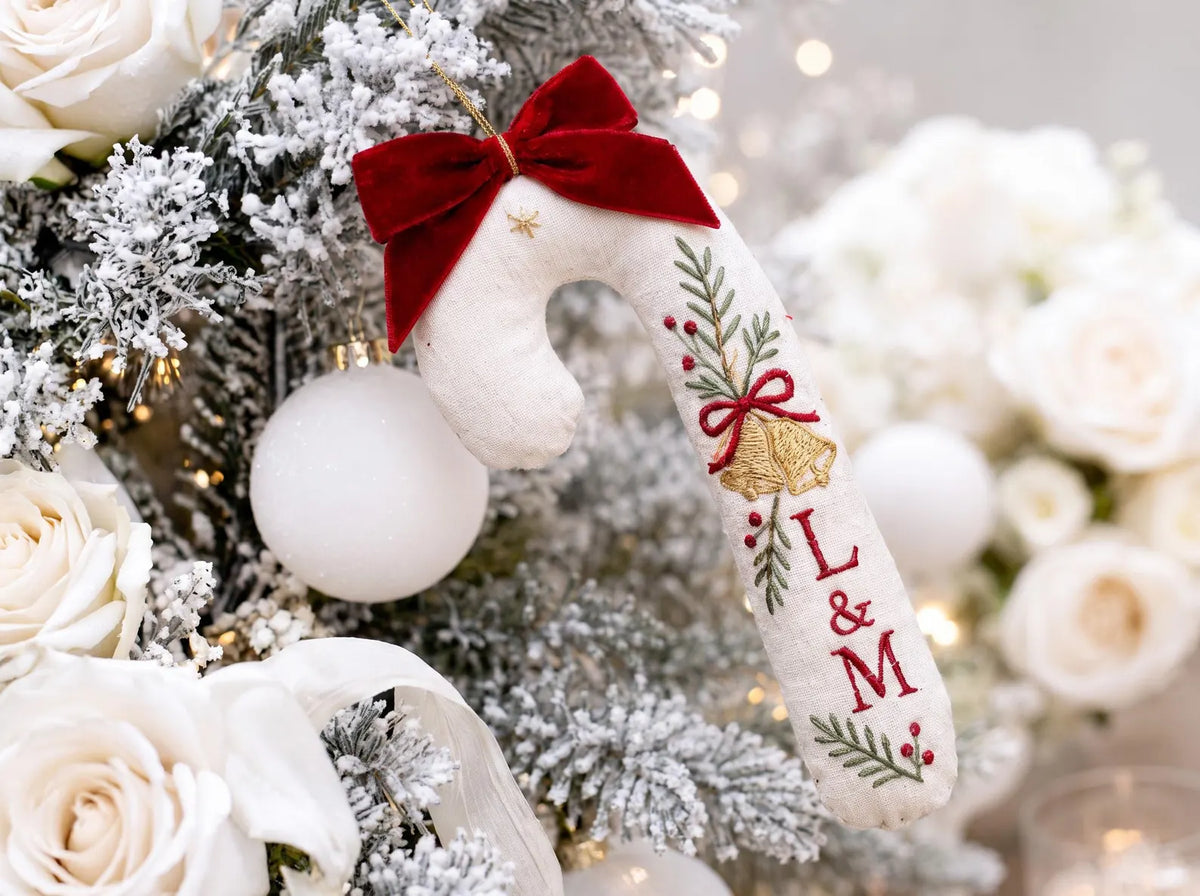 Personalized Candy Cane Shaped Wedding Ornament, Hand Embroidered Linen Bells, Custom Initials & Date, Christmas Newlywed Keepsake Gift