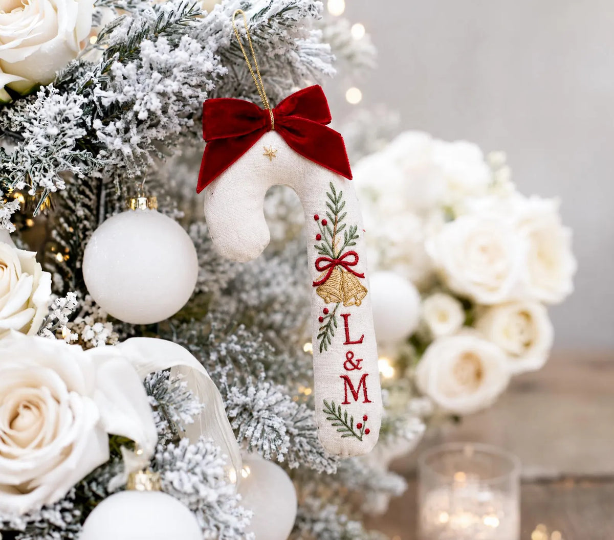 Personalized Candy Cane Shaped Wedding Ornament, Hand Embroidered Linen Bells, Custom Initials & Date, Christmas Newlywed Keepsake Gift