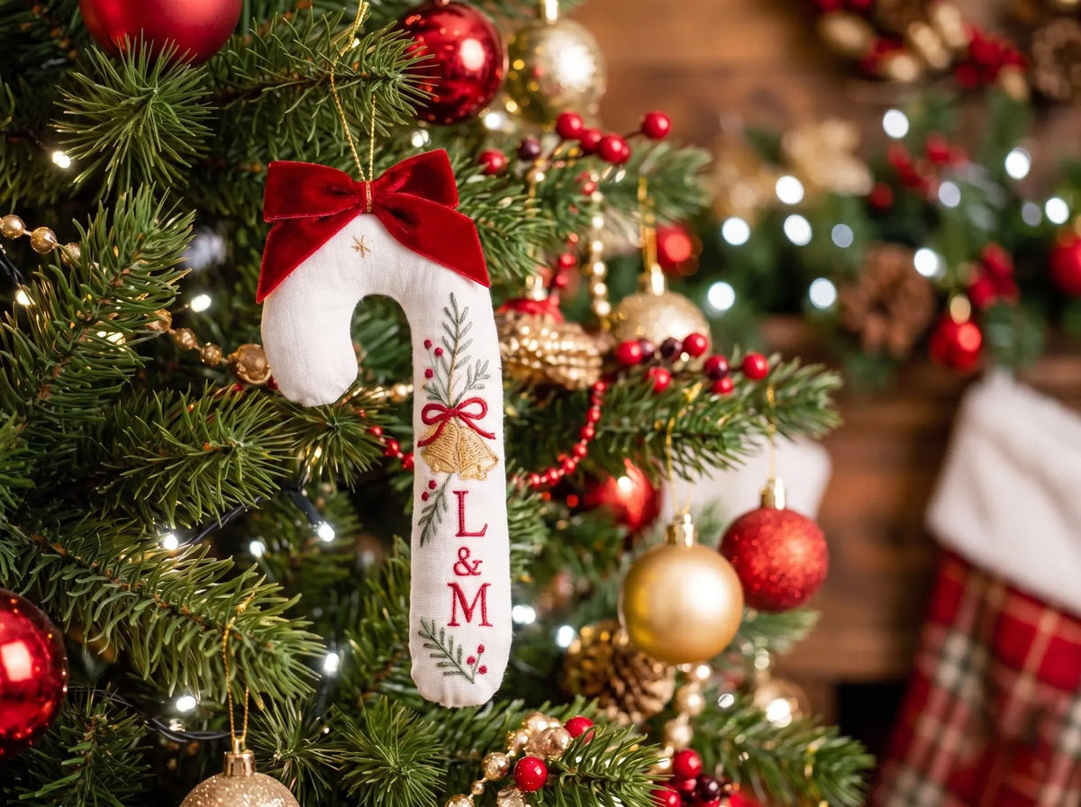 Personalized Candy Cane Shaped Wedding Ornament, Hand Embroidered Linen Bells, Custom Initials & Date, Christmas Newlywed Keepsake Gift