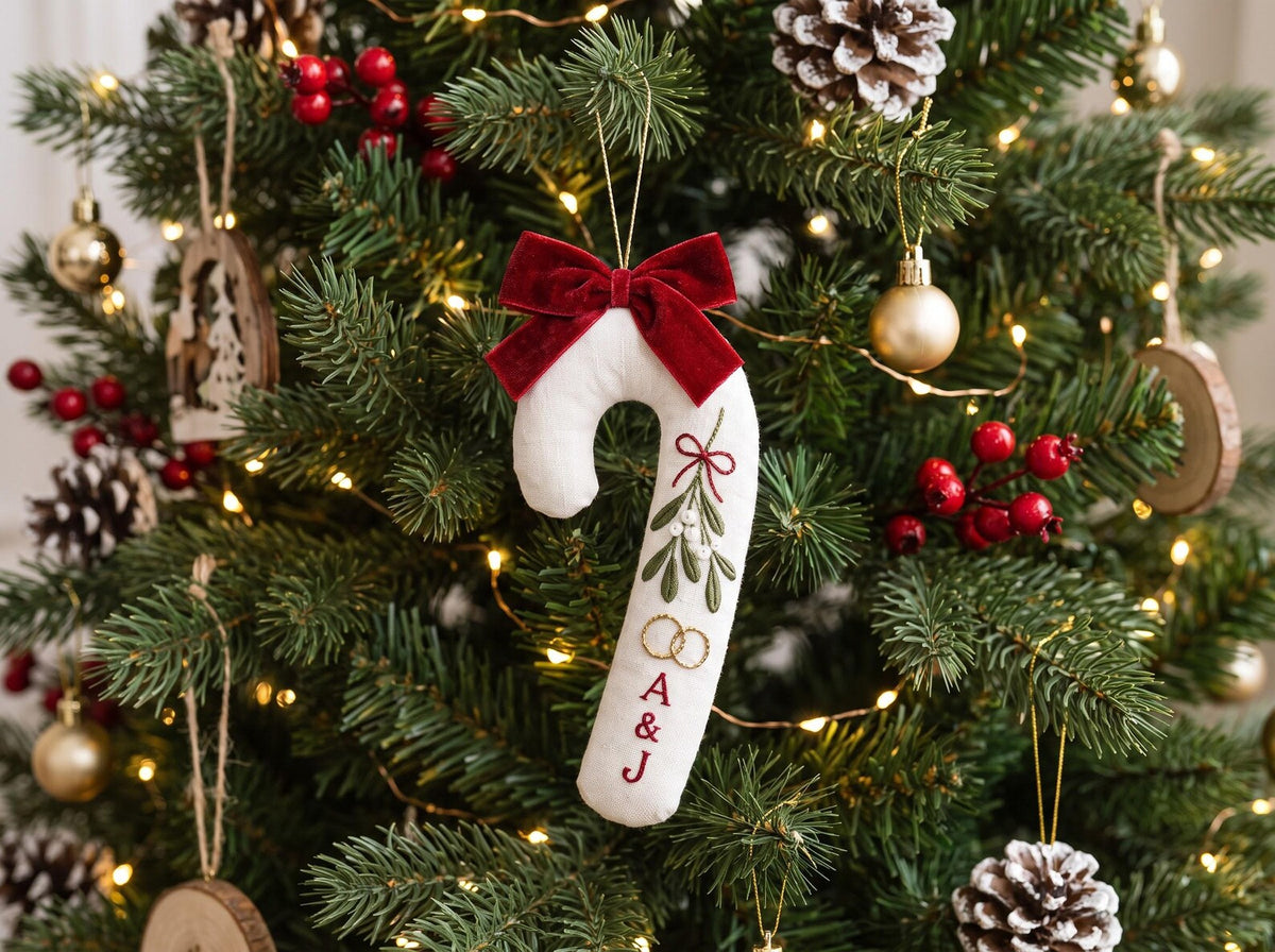 Personalized Candy Cane Shaped Wedding Ornament, Hand Embroidered Linen Mistletoe & Rings, Custom Initials, Newlywed Christmas Keepsake