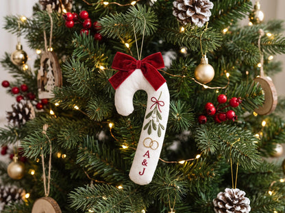 Personalized Candy Cane Shaped Wedding Ornament, Hand Embroidered Linen Mistletoe & Rings, Custom Initials, Newlywed Christmas Keepsake