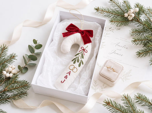 Personalized Candy Cane Shaped Wedding Ornament, Hand Embroidered Linen Mistletoe & Rings, Custom Initials, Newlywed Christmas Keepsake