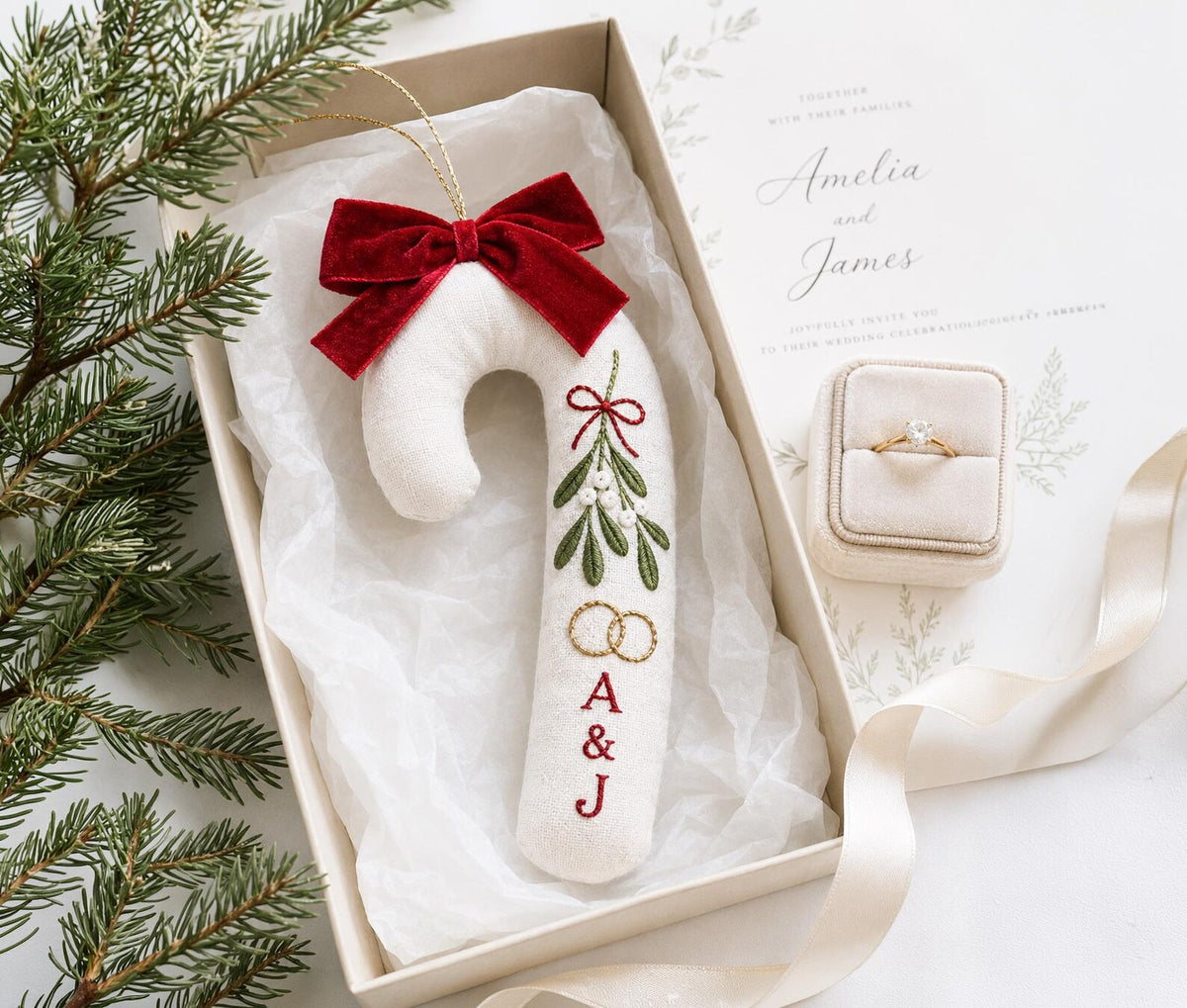 Personalized Candy Cane Shaped Wedding Ornament, Hand Embroidered Linen Mistletoe & Rings, Custom Initials, Newlywed Christmas Keepsake