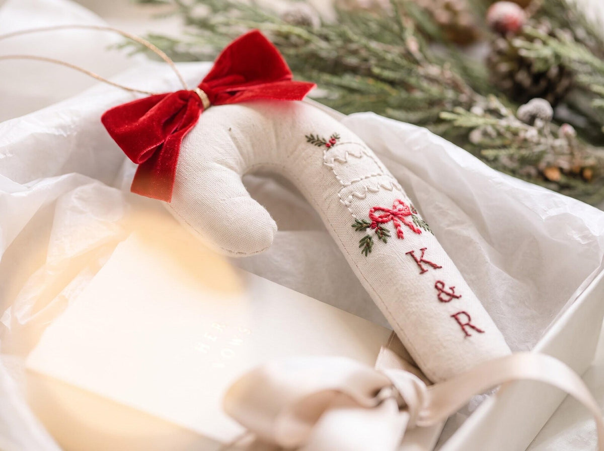 Personalized Candy Cane Shaped Wedding Ornament, Hand Embroidered Linen Wedding Cake, Custom Initials, Christmas Newlywed Keepsake Gift