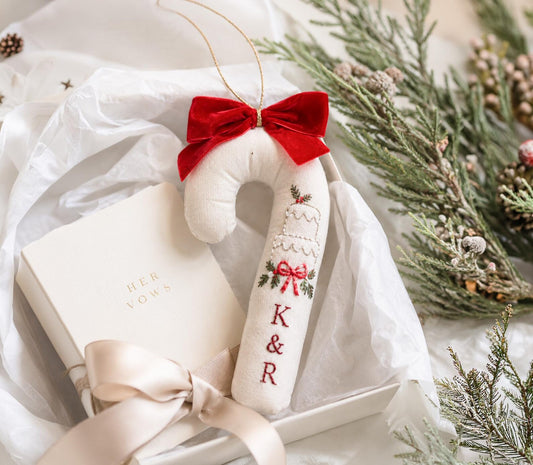 Personalized Candy Cane Shaped Wedding Ornament, Hand Embroidered Linen Wedding Cake, Custom Initials, Christmas Newlywed Keepsake Gift