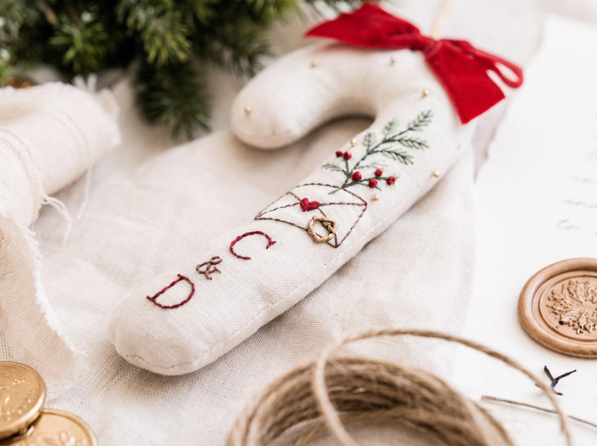Personalized Candy Cane Shaped Wedding Ornament, Hand Embroidered Linen Love Letter & Rings, Custom Initials, Christmas Keepsake Gift