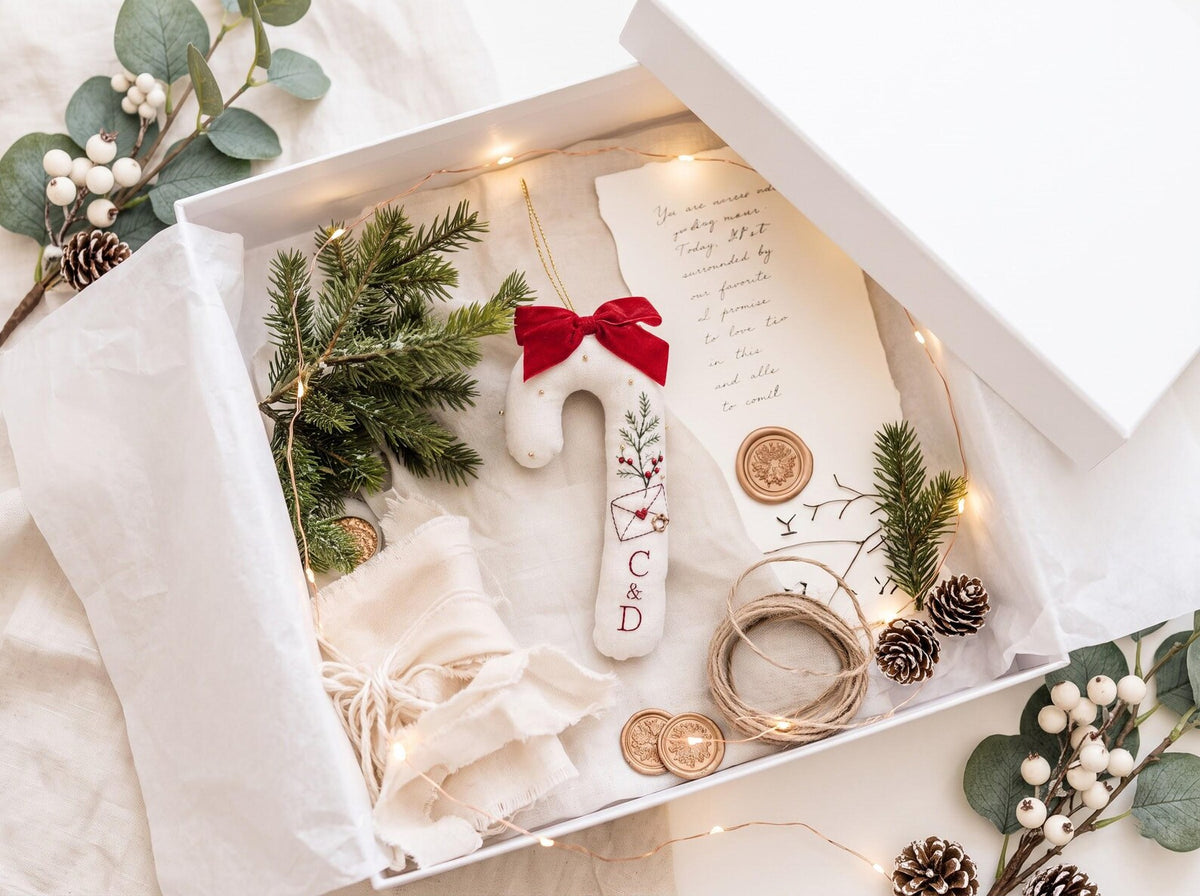 Personalized Candy Cane Shaped Wedding Ornament, Hand Embroidered Linen Love Letter & Rings, Custom Initials, Christmas Keepsake Gift