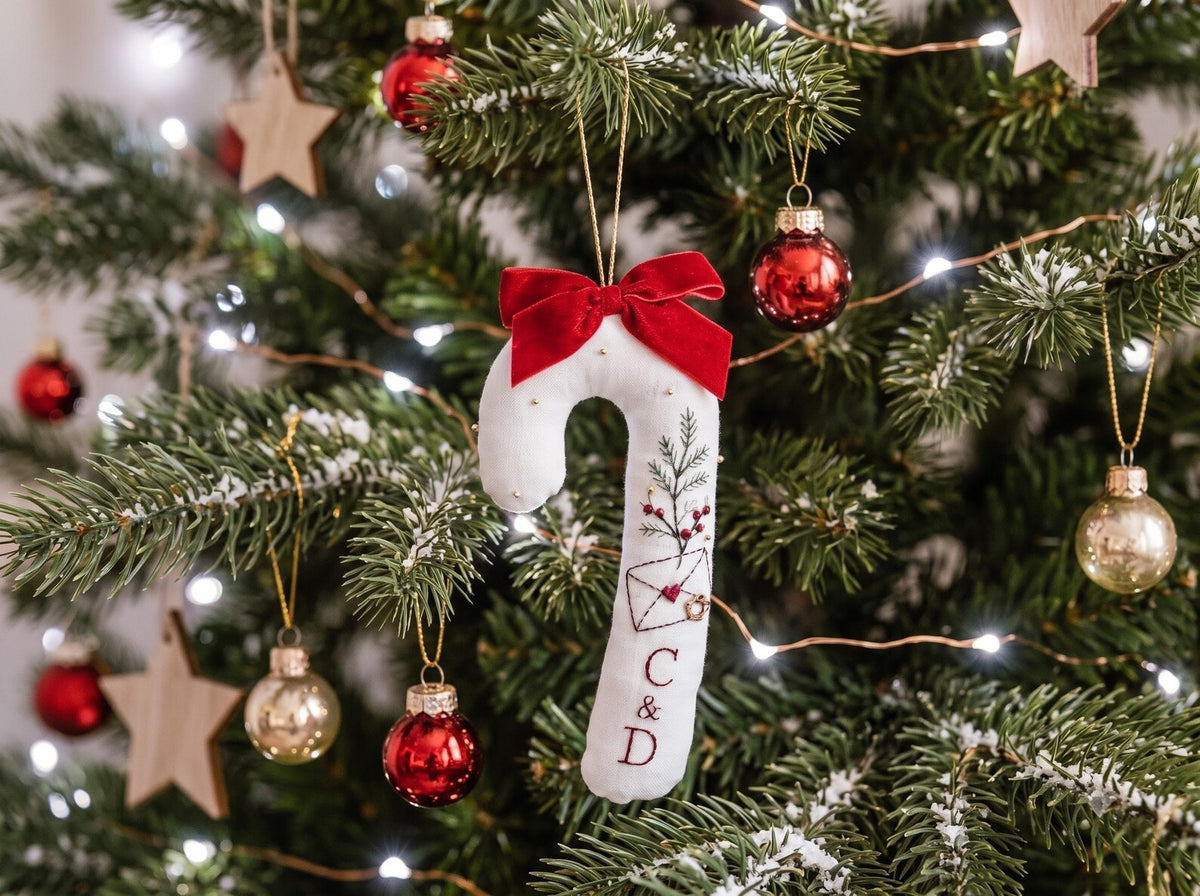 Personalized Candy Cane Shaped Wedding Ornament, Hand Embroidered Linen Love Letter & Rings, Custom Initials, Christmas Keepsake Gift