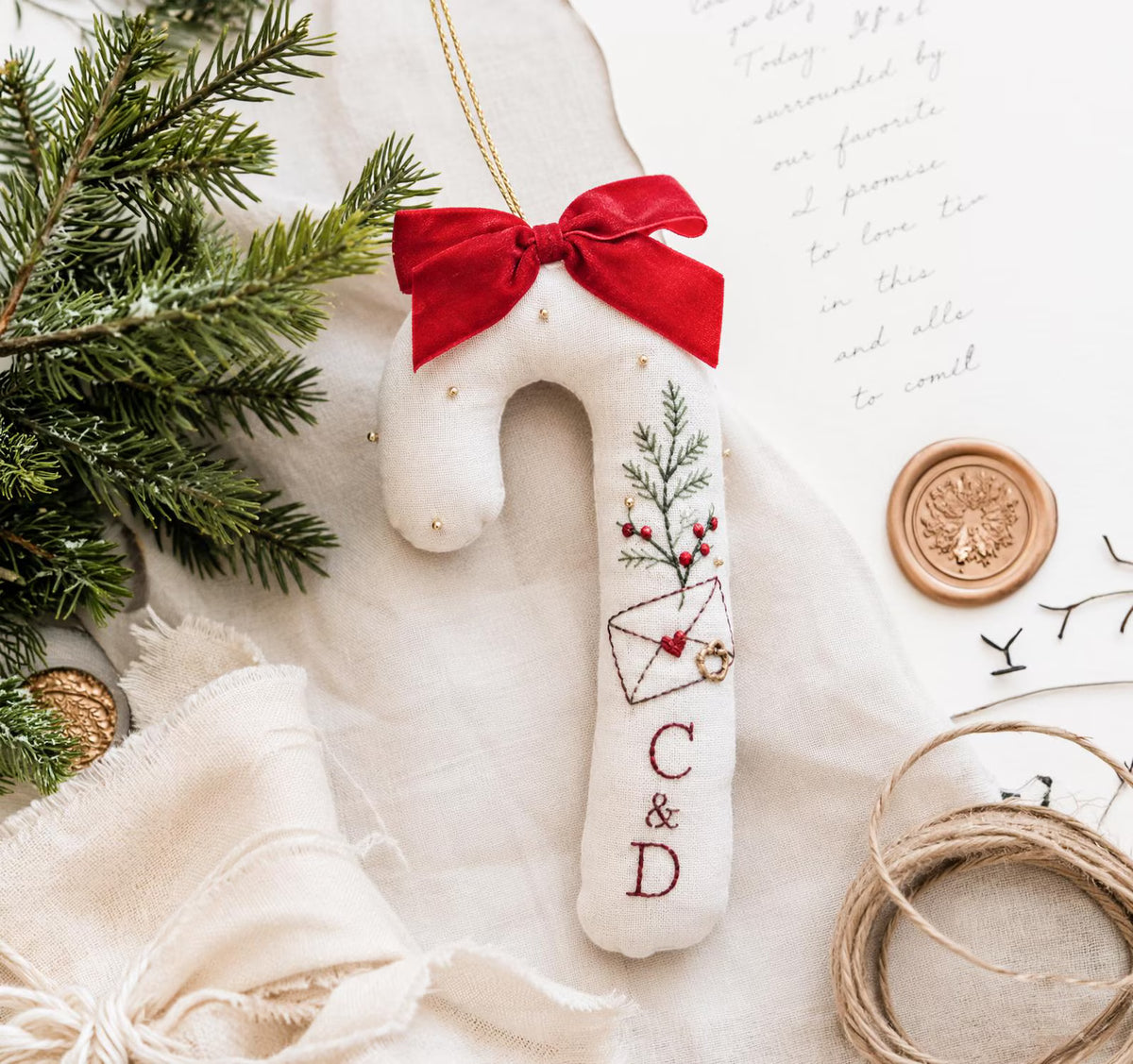 Personalized Candy Cane Shaped Wedding Ornament, Hand Embroidered Linen Love Letter & Rings, Custom Initials, Christmas Keepsake Gift