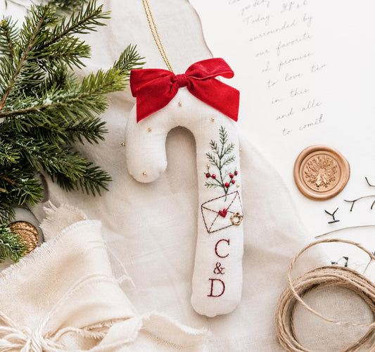 Personalized Candy Cane Shaped Wedding Ornament, Hand Embroidered Linen Love Letter & Rings, Custom Initials, Christmas Keepsake Gift
