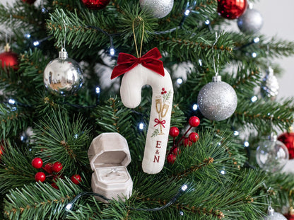 Personalized Candy Cane Shaped Wedding Ornament, Hand Embroidered Linen Champagne Glasses, Custom Initials, Newlywed Christmas Keepsake Gift