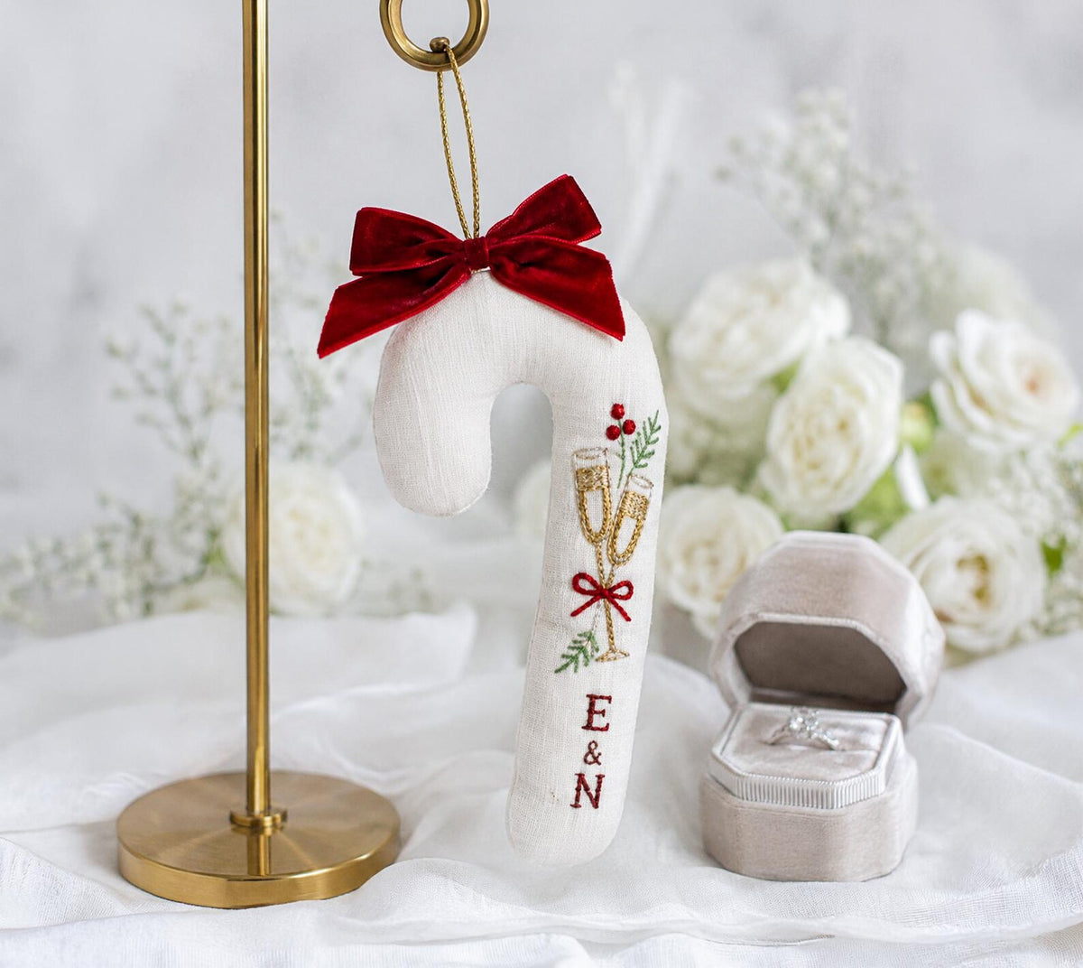 Personalized Candy Cane Shaped Wedding Ornament, Hand Embroidered Linen Champagne Glasses, Custom Initials, Newlywed Christmas Keepsake Gift