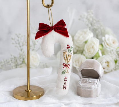 Personalized Candy Cane Shaped Wedding Ornament, Hand Embroidered Linen Champagne Glasses, Custom Initials, Newlywed Christmas Keepsake Gift