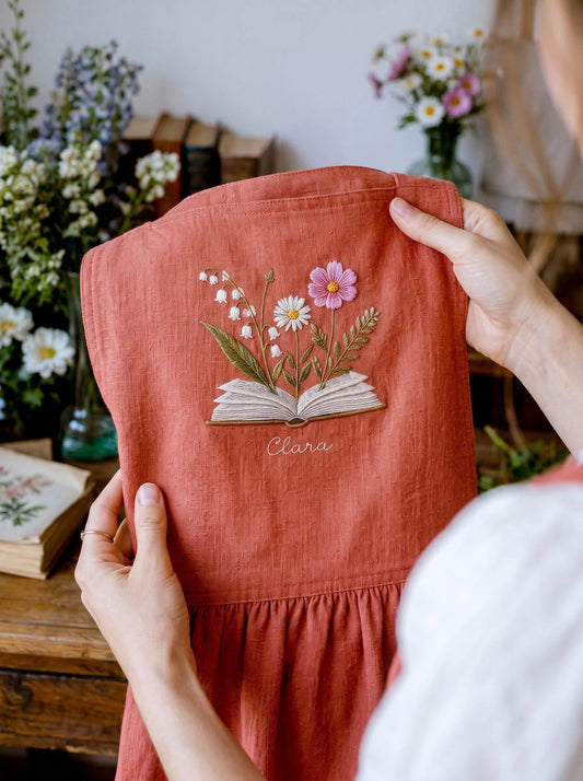 Personalized Embroidered Linen Apron, Lily of the Valley, Daisy & Cosmos Book Lover Apron, Custom Name Cottagecore Gardening Gift for Reader