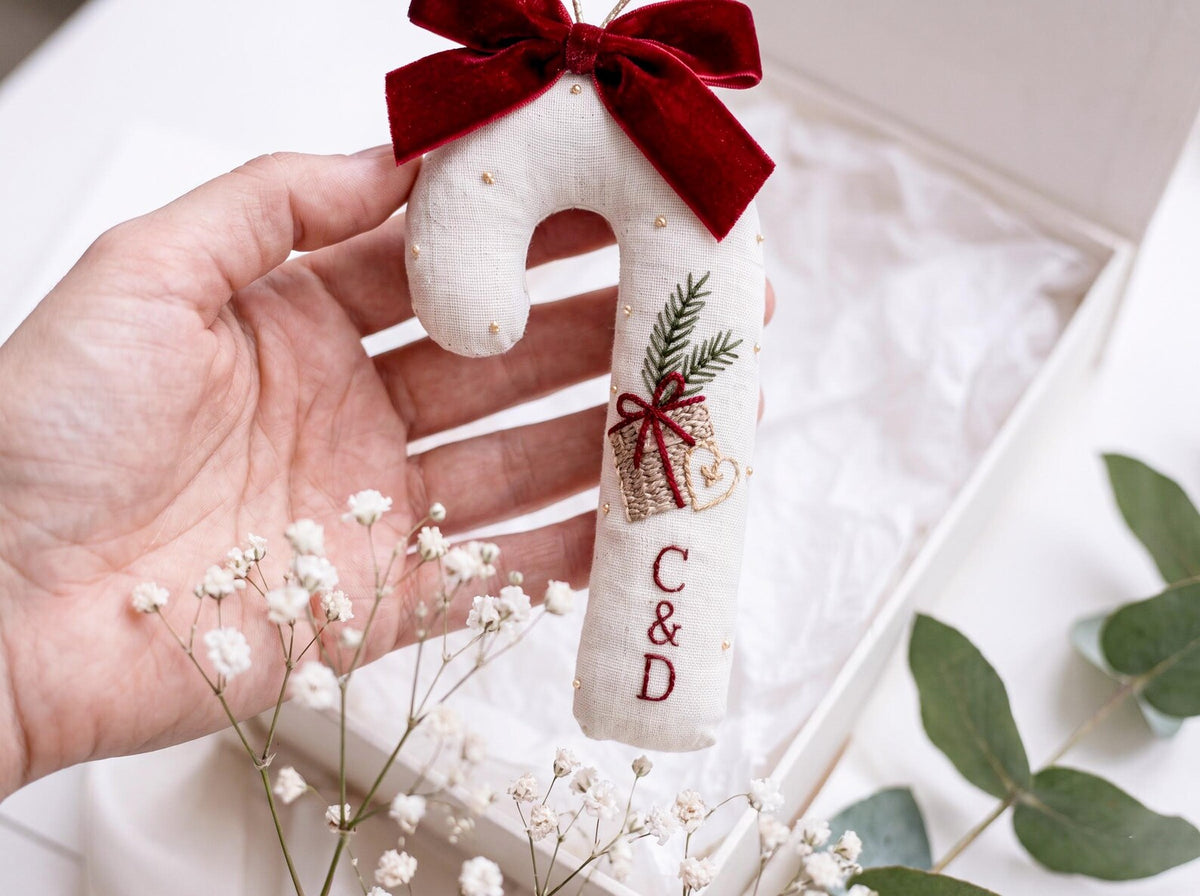 Personalized Christmas Wedding Ornament, Embroidered Linen Candy Cane with Couple Initials, First Christmas Married Keepsake, Newlywed Gifts