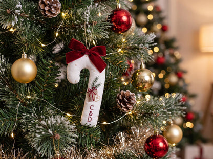 Personalized Christmas Wedding Ornament, Embroidered Linen Candy Cane with Couple Initials, First Christmas Married Keepsake, Newlywed Gifts