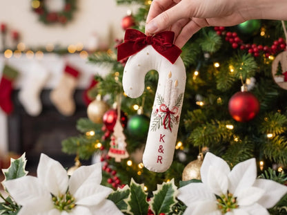 Personalized Christmas Wedding Ornament, Christmas Candle Embroidered Candy Cane, Couple Initials, First Christmas Married Newlywed Keepsake