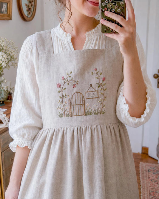 Personalized Embroidered Linen Apron, Rose Garden Gate Custom Name Apron, Cottagecore Gardening Gift, Floral Kitchen Apron for Garden Lovers