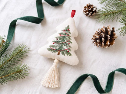 Hand Embroidered Christmas Tree Ornament, Linen Evergreen Tree Decoration with Red Garland, Rustic Holiday Keepsake, Handmade Christmas Gift