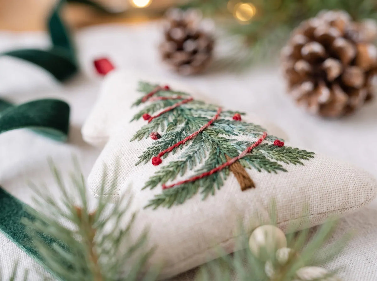 Hand Embroidered Christmas Tree Ornament, Linen Evergreen Tree Decoration with Red Garland, Rustic Holiday Keepsake, Handmade Christmas Gift