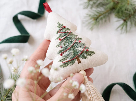 Hand Embroidered Christmas Tree Ornament, Linen Evergreen Tree Decoration with Red Garland, Rustic Holiday Keepsake, Handmade Christmas Gift