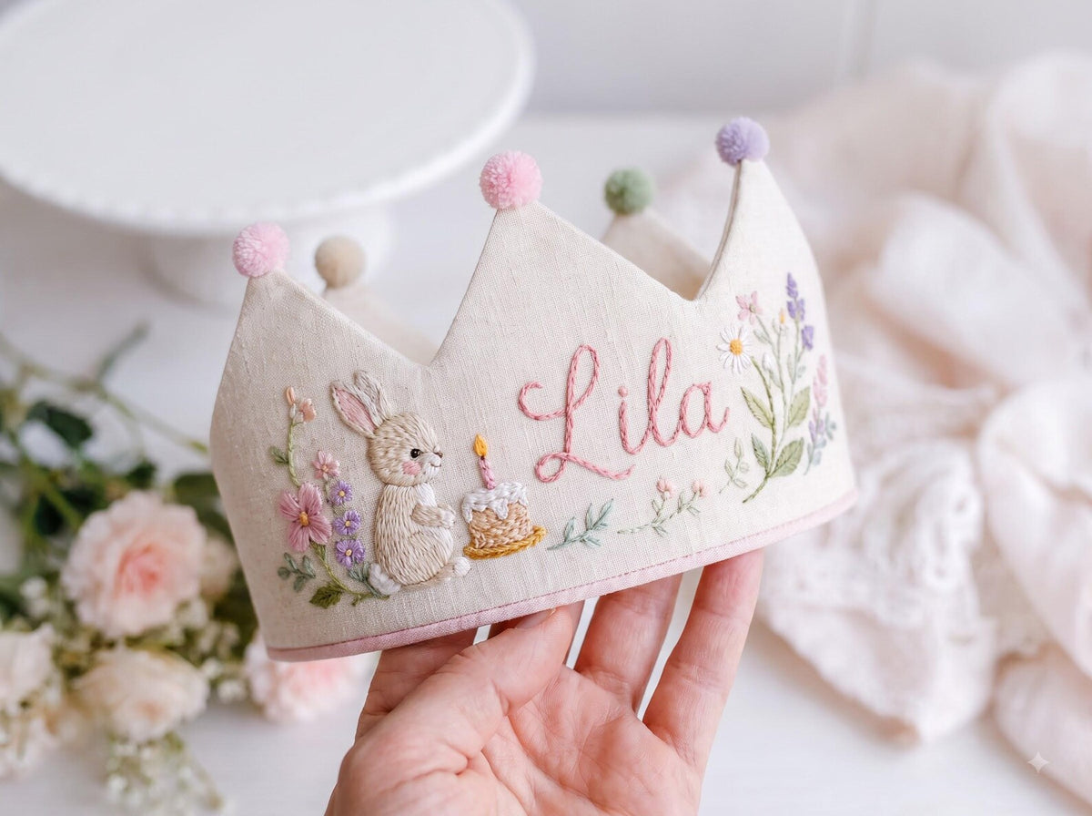 Personalized Linen Birthday Crown, Hand Embroidered Bunny & Cake with Wildflowers, Custom Name First Birthday Party Hat, Baby Girl Gift Idea