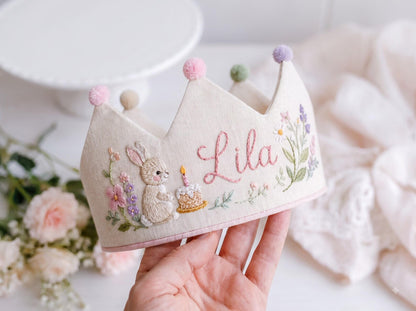 Personalized Linen Birthday Crown, Hand Embroidered Bunny & Cake with Wildflowers, Custom Name First Birthday Party Hat, Baby Girl Gift Idea
