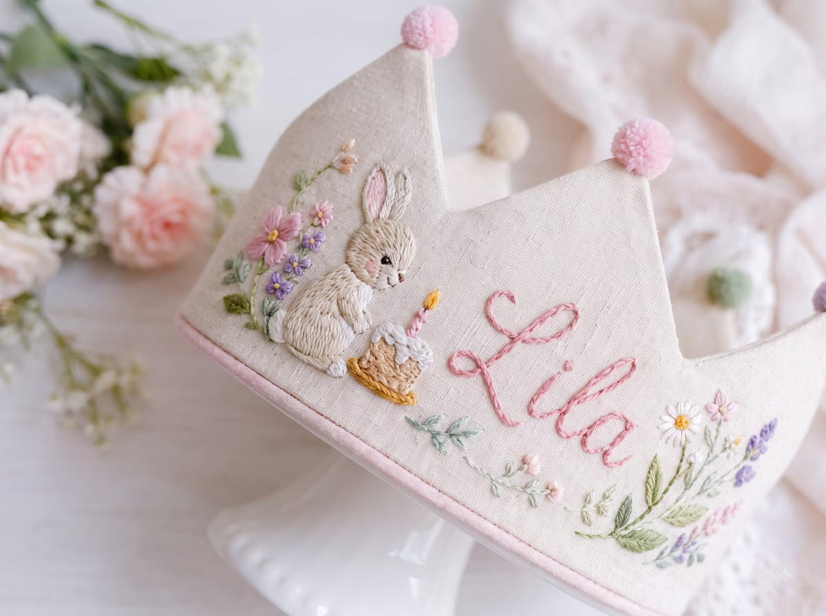 Personalized Linen Birthday Crown, Hand Embroidered Bunny & Cake with Wildflowers, Custom Name First Birthday Party Hat, Baby Girl Gift Idea