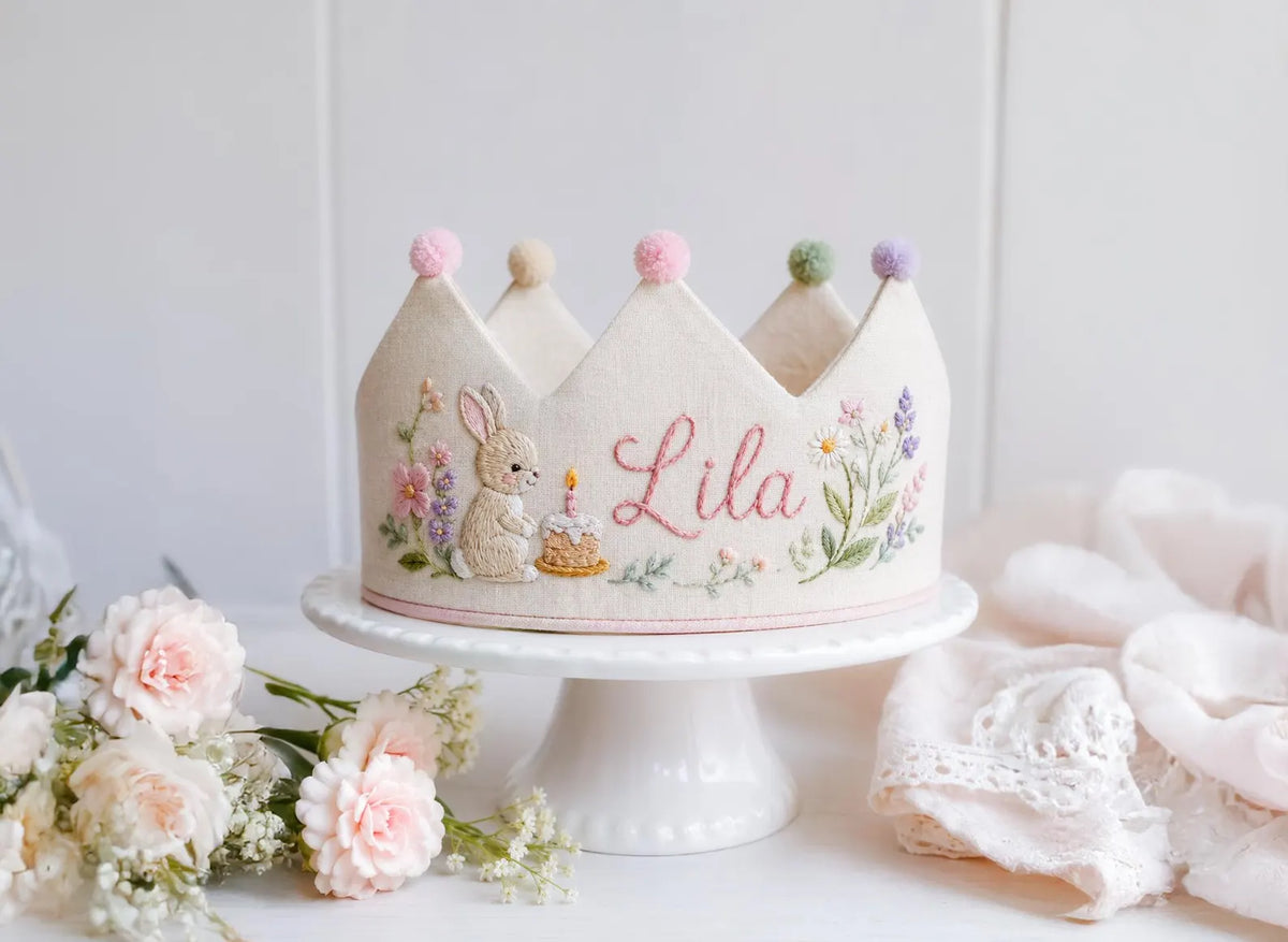 Personalized Linen Birthday Crown, Hand Embroidered Bunny & Cake with Wildflowers, Custom Name First Birthday Party Hat, Baby Girl Gift Idea