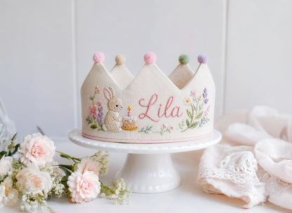 Personalized Linen Birthday Crown, Hand Embroidered Bunny & Cake with Wildflowers, Custom Name First Birthday Party Hat, Baby Girl Gift Idea