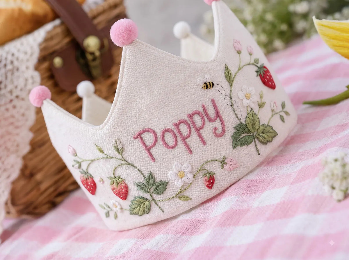 Personalized Strawberry Birthday Crown, Hand Embroidered Blooms and Bee, Custom Name Linen First Birthday Party Hat, Baby Girl Keepsake Gift