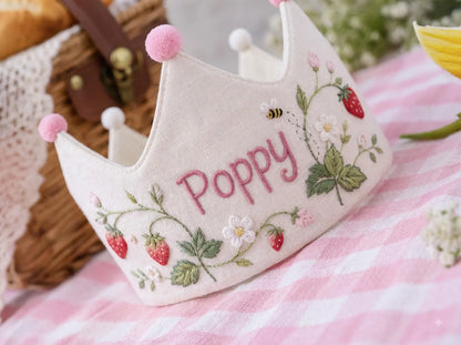Personalized Strawberry Birthday Crown, Hand Embroidered Blooms and Bee, Custom Name Linen First Birthday Party Hat, Baby Girl Keepsake Gift