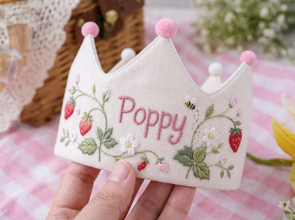 Personalized Strawberry Birthday Crown, Hand Embroidered Blooms and Bee, Custom Name Linen First Birthday Party Hat, Baby Girl Keepsake Gift