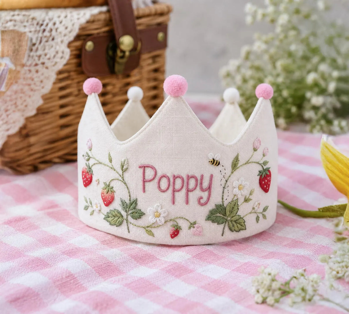 Personalized Strawberry Birthday Crown, Hand Embroidered Blooms and Bee, Custom Name Linen First Birthday Party Hat, Baby Girl Keepsake Gift