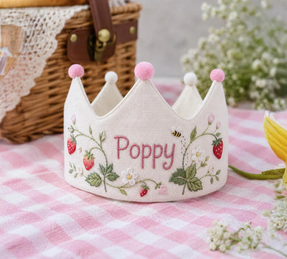 Personalized Strawberry Birthday Crown, Hand Embroidered Blooms and Bee, Custom Name Linen First Birthday Party Hat, Baby Girl Keepsake Gift
