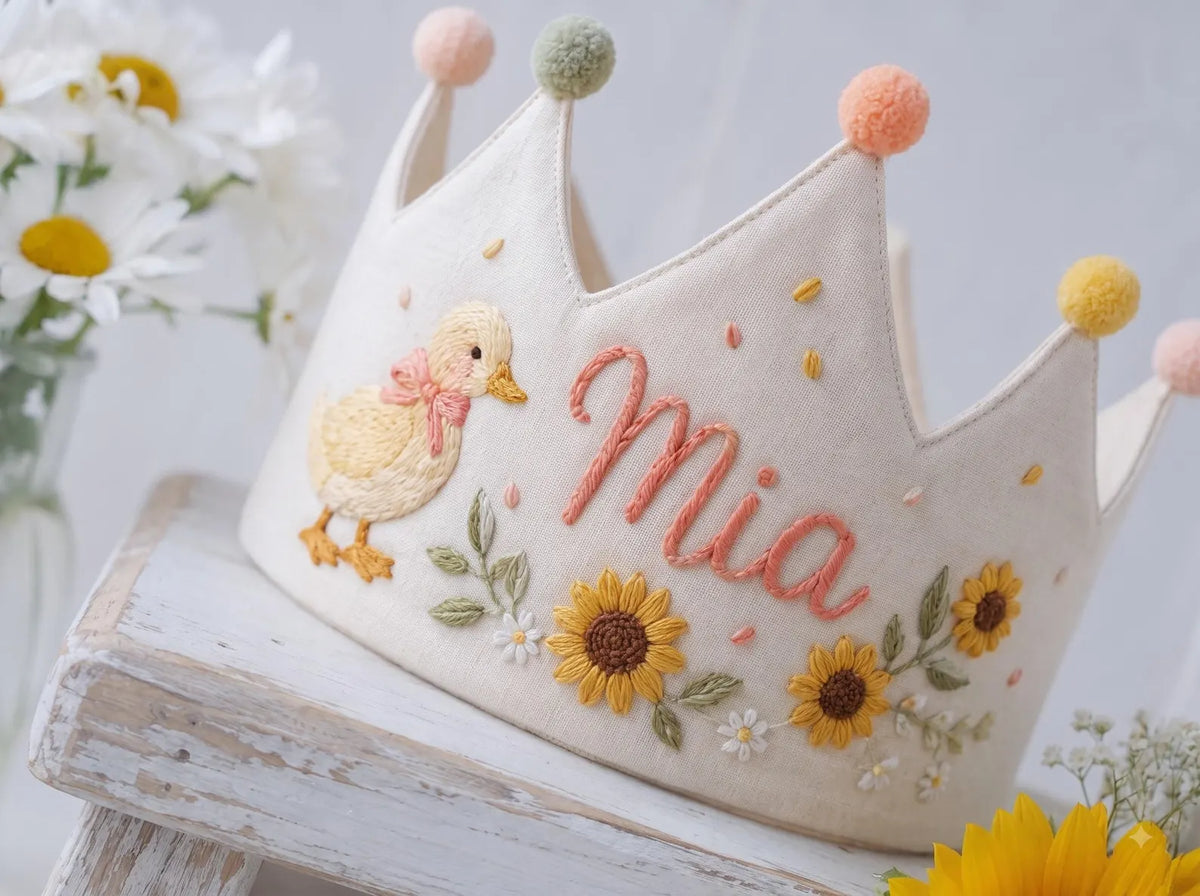 Personalized Linen Birthday Crown, Embroidered Train Birthday Hat for Baby Boy, Custom Name Crown, First Birthday Keepsake Gift for Toddler