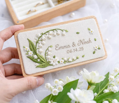 Personalized Wedding Ring Box, Lily of the Valley Embroidered Wooden Ring Bearer Box, Custom Names Date, Wedding Ring Box Gift