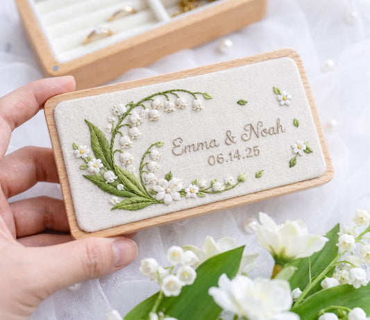 Personalized Wedding Ring Box, Lily of the Valley Embroidered Wooden Ring Bearer Box, Custom Names Date, Wedding Ring Box Gift